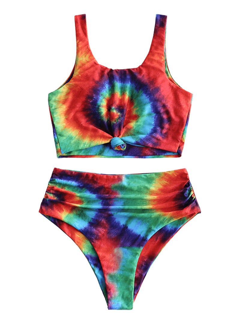 ZAFUL Women's Knot Scoop Neck Bikini Set Ruched High Waisted Two Piece Swimsuits Tankini, Tie Dye, M - Image 1